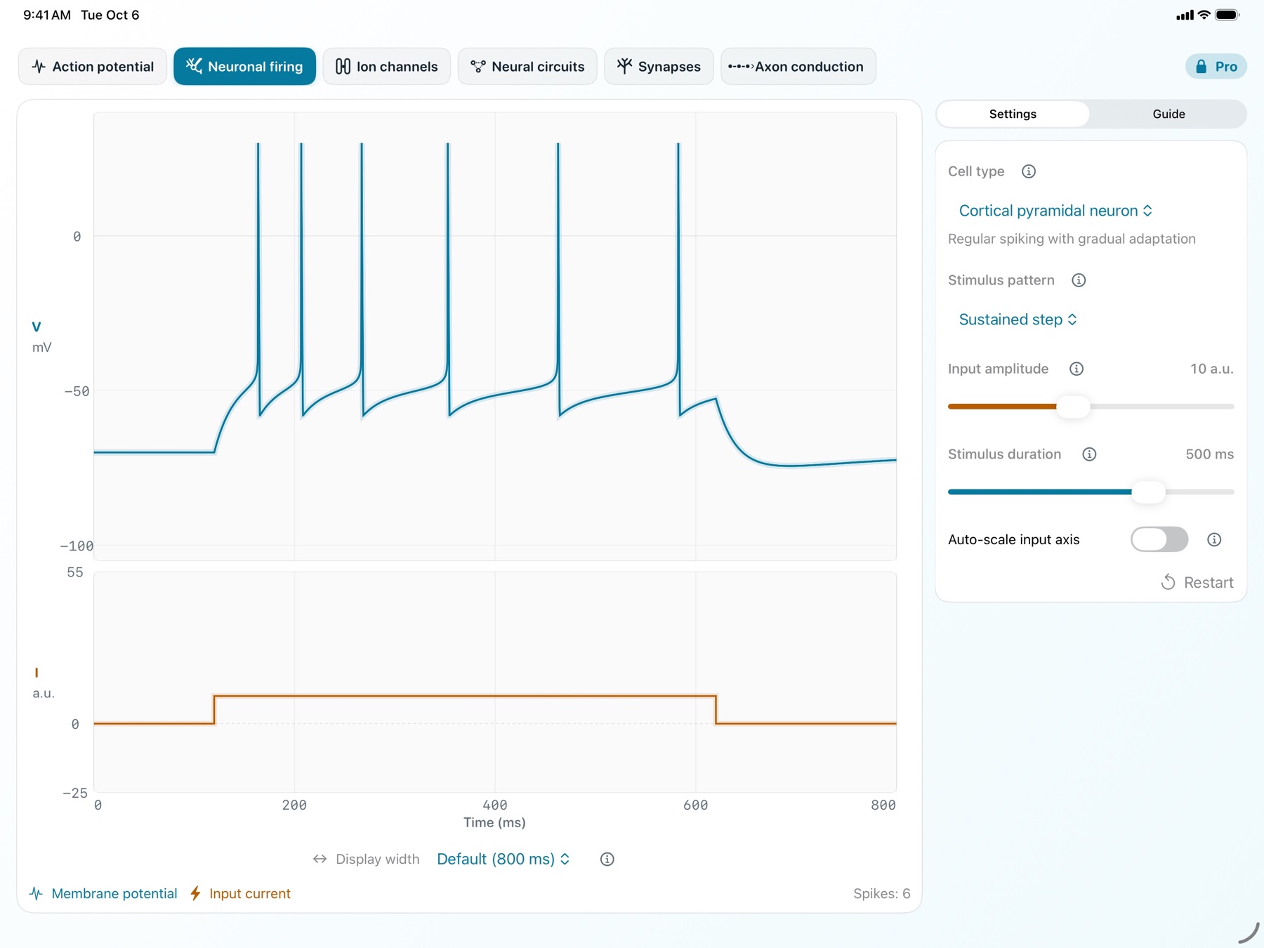 NeuroPhysMatrix Neuronal firing characteristics screen on iPad