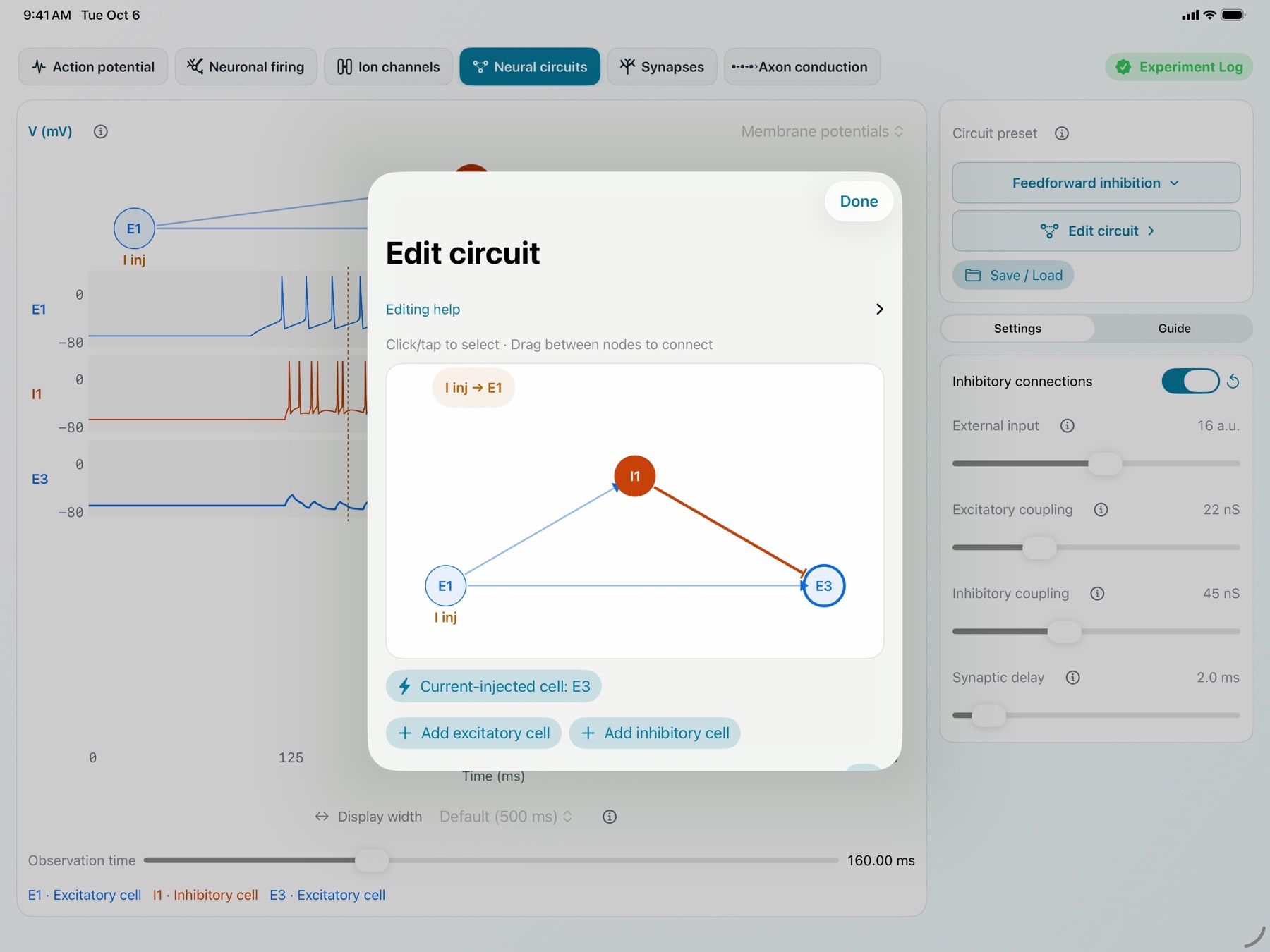 NeuroPhysMatrix Edit circuits screen on iPad