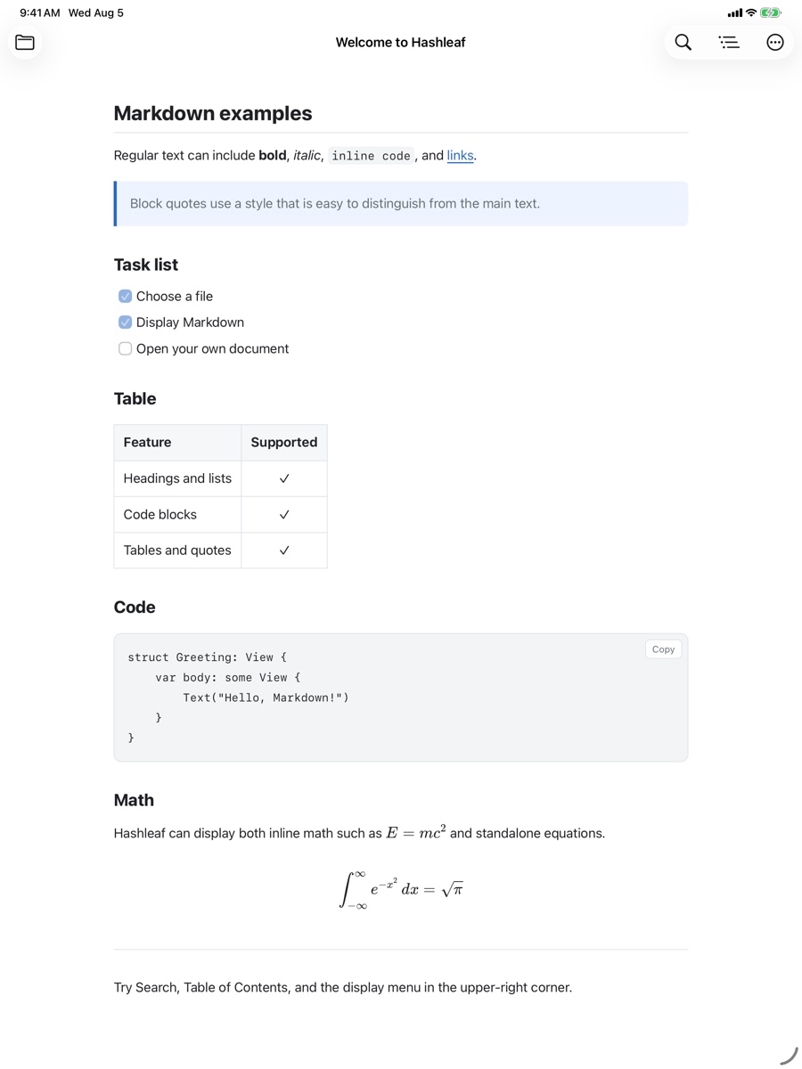 Math displayed in Hashleaf for iPad