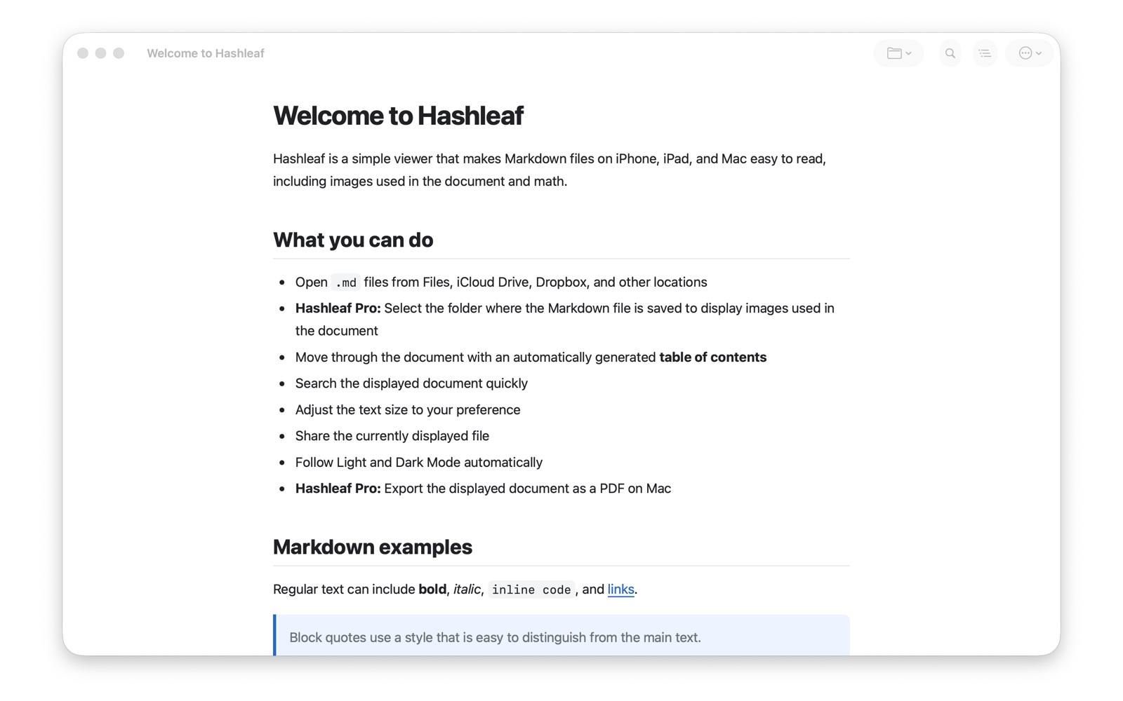 Markdown displayed in Hashleaf for Mac