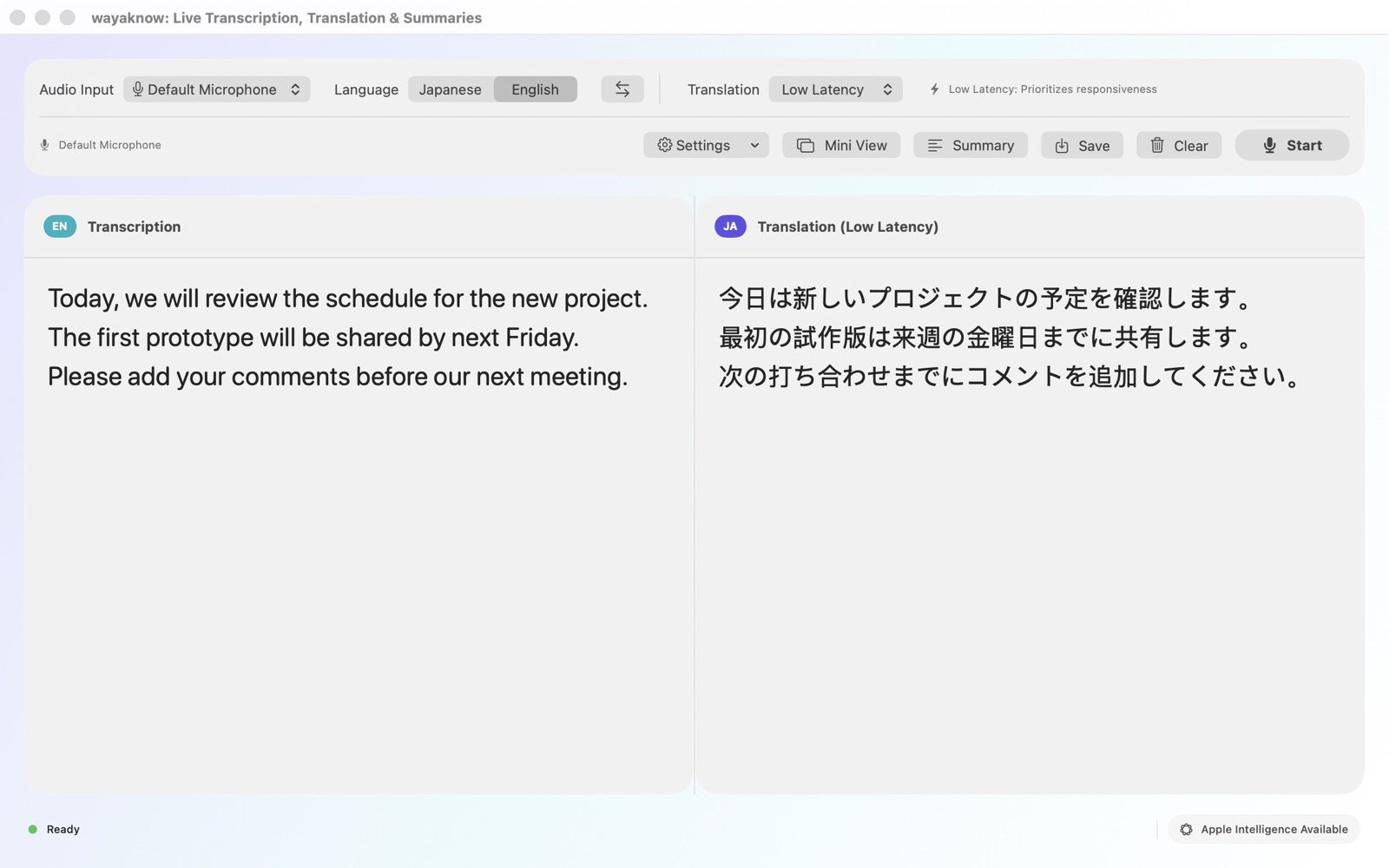 Live transcription and translation in wayaknow for Mac