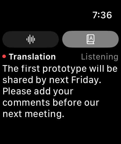 English translation displayed in wayaknow for Apple Watch